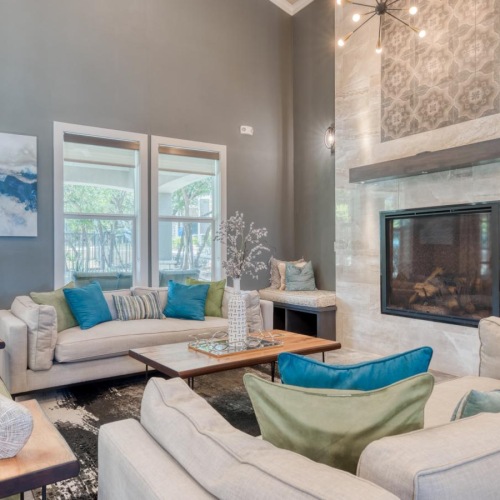 a living room with a fireplace