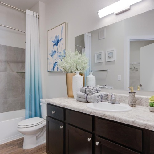 a bathroom with a large mirror